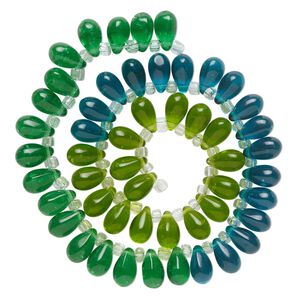 Bead, glass, transparent light green, green and teal, 11x7mm top-drilled teardrop with irregular rondelles. Sold per 14-inch strand.