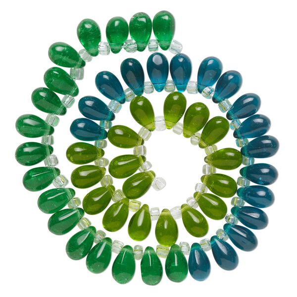 Bead, glass, transparent light green, green and teal, 11x7mm top-drilled teardrop with irregular rondelles. Sold per 14-inch strand. image number 0