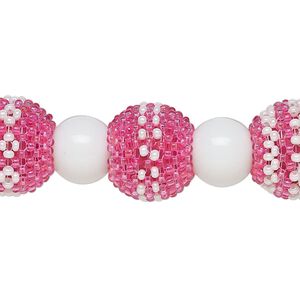 Bead, glass, opaque pink and white, 13mm round and 10mm round. Sold per 6-inch strand, approximately 7 beads.