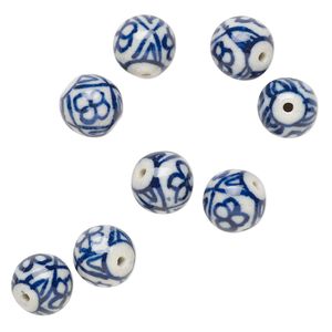 Bead, porcelain, blue and white, 11-12mm round with flower tile design. Sold per pkg of 8.