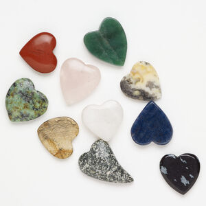 Multi-gemstone 1pkg10, half-drilled puffed / flat heart, drop mix 20x20mm-35x20mm