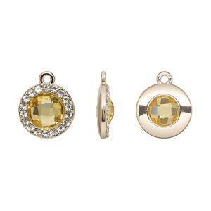 Drop, glass / glass rhinestone / gold-finished "pewter" (zinc-based alloy), clear and transparent citrine yellow, 15.5mm single-sided round. Sold per pkg of 2.