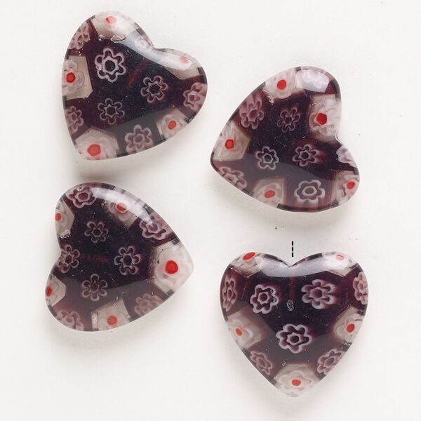 Bead, millefiori glass, pkg/4, translucent multicolored, 18-20mm half-drilled puffed heart. image number 0