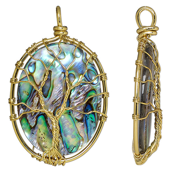 Pendant, abalone shell (natural) and gold-finished brass, 56x35mm-57x36mm single-sided flat oval with tree of life design. Sold individually. image number 0