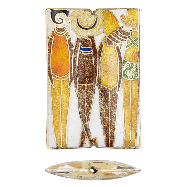 Bead, cloisonné, multicolored, 59x40mm double-sided rectangle with standing figure design. Sold individually. image number 0