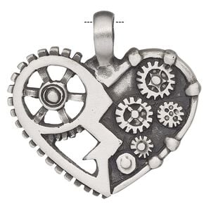 Pendant, Powerful Pewter Pendants, antiqued pewter (tin-based alloy), 39x38mm single-sided heart with gears and 6mm hole. Sold individually.