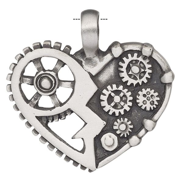 Pendant, Powerful Pewter Pendants, antiqued pewter (tin-based alloy), 39x38mm single-sided heart with gears and 6mm hole. Sold individually. image number 0