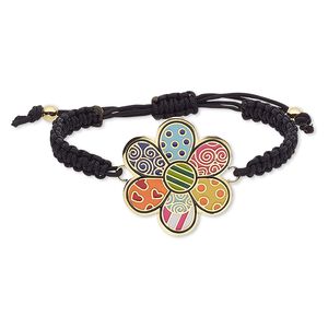 Bracelet, enamel / waxed cotton cord / gold-finished stainless steel, multicolored, 39x35mm flower, adjustable from 6-9 inches with macramé knot closure. Sold individually.