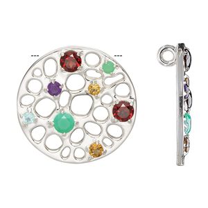 Drop, multi-gemstone (natural / dyed / heated) and sterling silver, multicolored, 25mm single-sided flat round with hidden loop. Sold individually.