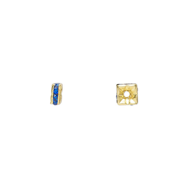 Bead, glass rhinestone and gold-finished brass, sapphire blue, 4x2mm squaredelle. Sold per pkg of 10. image number 0