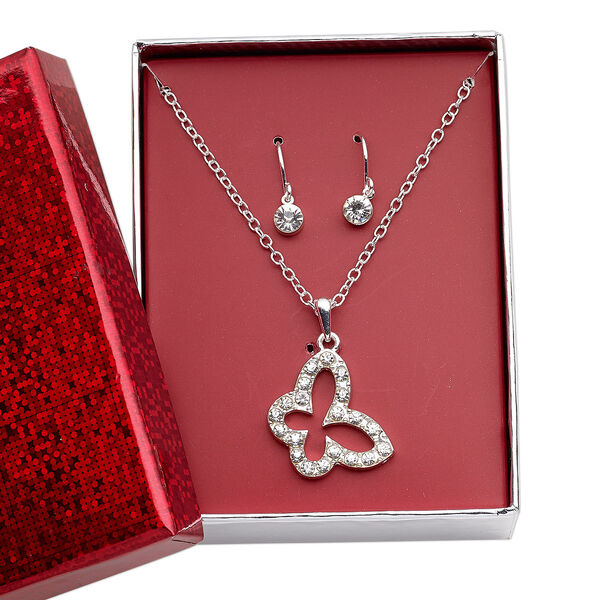 Necklace and earring set, glass rhinestone / silver-finished brass / steel / "pewter" (zinc-based alloy), clear, 23x23mm open butterfly, 15" to 16" necklace with 3-inch extender chain and lobster claw clasp, 18.5mm with round and fishhook ear wire. Sold per set. image number 0