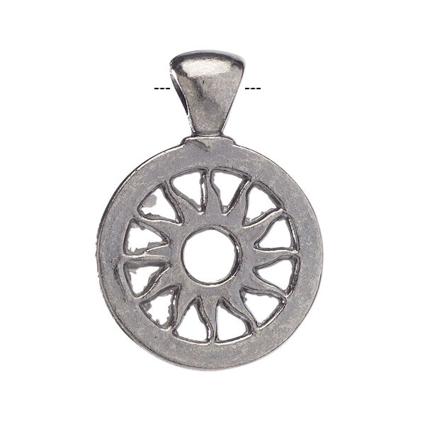 Pendant, gunmetal-finished "pewter" (zinc-based alloy), 25mm flat round with sun design. Sold per pkg of 4 pendants. image number 0