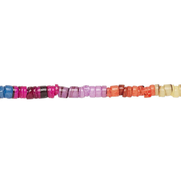 Bead, common hammer oyster shell (dyed), rainbow, 2-3mm hand-cut heishi, Mohs hardness 3-1/2. Sold per 24-inch strand. image number 0