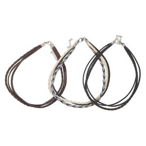 Bracelet, 3-strand, leather, multicolored, 15mm wide, 6-1/2 inches with 2-1/2 inch extender chain and lobster claw clasp. Sold per pkg of 3.