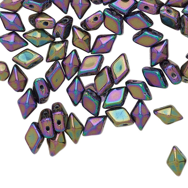 Bead, DiamonDuo™, Czech pressed glass, opaque jet iris purple, 8x5mm faceted diamond with flat back and (2) 0.7-0.8mm holes. Sold per 10-gram pkg, approximately 70 beads. image number 0
