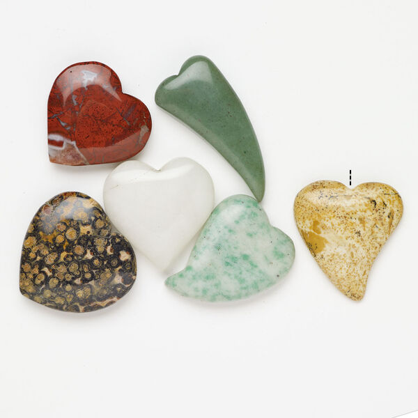 Multi-gemstone 1pkg6, half-drilled puffed / flat heart, focal mix 33x29mm-64x34mm image number 1