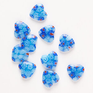 Bead, millefiori glass, pkg/10, translucent cobalt blue/red/white, 13-15mm half-drilled puffed heart.