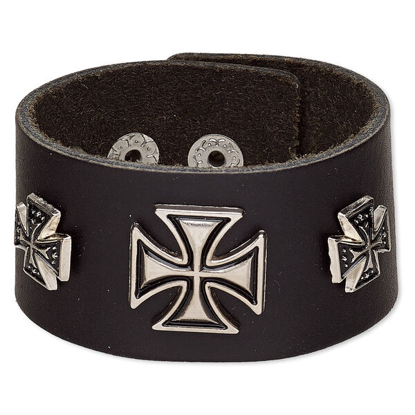 Bracelet, leather (dyed) / silver-plated steel / antique silver-plated "pewter" (zinc-based alloy), black, 35mm wide with 10mm and 18mm iron cross, adjustable from 5 to 6-1/2 inches with snap closure. Sold individually. image number 0