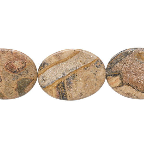 Bead, yellow leopardskin jasper (natural), 20x15mm flat oval, B grade, Mohs hardness 6-1/2 to 7. Sold per 15-1/2" to 16" strand. image number 0
