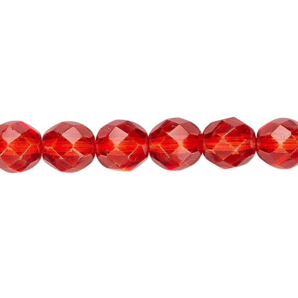 Bead, Czech fire-polished dipped décor glass, red, 8mm faceted round. Sold per 15-1/2" to 16" strand, approximately 50 beads. image number 0