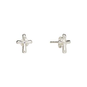 Earstud, Create Compliments®, antiqued sterling silver, 9.5x8mm cross. Sold per pair.