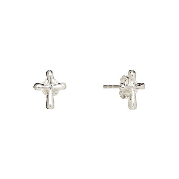 Earstud, Create Compliments®, antiqued sterling silver, 9.5x8mm cross. Sold per pair. image number 0