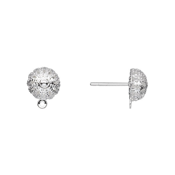 Earstud, silver-plated brass and stainless steel, 8mm filigree dome with closed loop. Sold per pkg of 5 pairs. image number 0