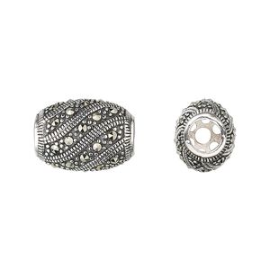 Marcasite / sterling silver 1pkg1, oval bead natural 16x12mm