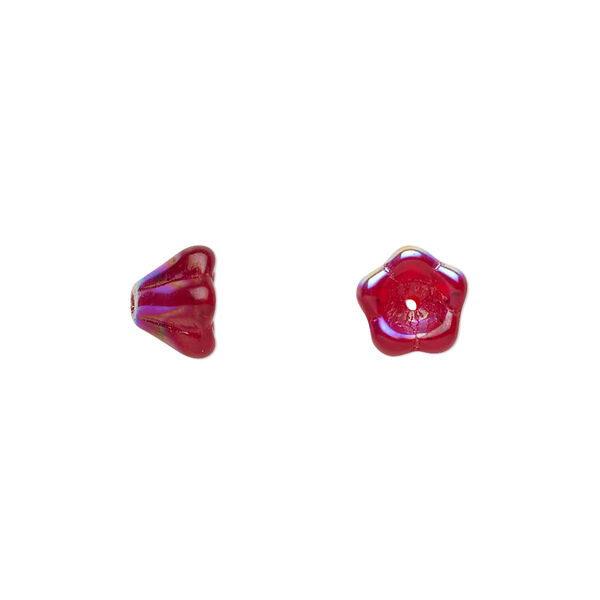 Bead, Czech pressed glass, ruby red AB, 8.5x6.5mm flower. Sold per 15-1/2" to 16" strand, approximately 80 beads. image number 0