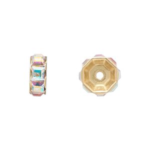 Bead 4pk crystal AB gold plate, Crystal Passions® 12x5mm rondelle 77812
