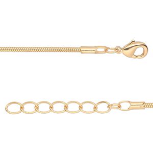 Chain, gold-finished brass, 1.5mm snake, 7-1/2 inches with 1-1/4 inch extender chain and lobster claw clasp. Sold per pkg of 6.
