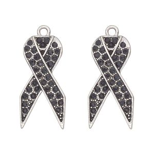 Charm, antique silver-finished "pewter" (zinc-based alloy) and glass, black, 27x13mm single-sided awareness ribbon. Sold per pkg of 2.