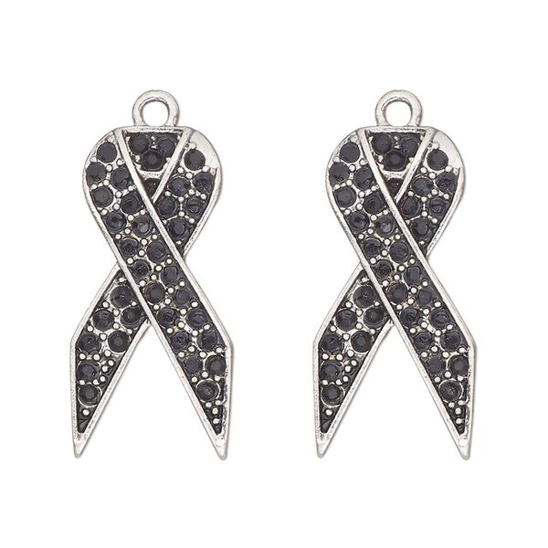 Charm, antique silver-finished "pewter" (zinc-based alloy) and glass, black, 27x13mm single-sided awareness ribbon. Sold per pkg of 2. image number 0