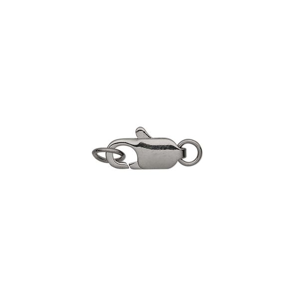 Clasp, lobster claw, gunmetal-plated brass, 12x5mm with two (2) rings. Sold per pkg of 100. image number 0