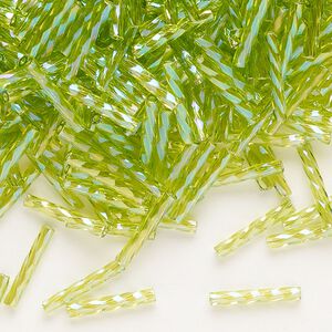 Bugle bead, Dyna-Mites™, glass, transparent rainbow light green, 12mm twisted. Sold per 1/2 kilogram pkg.