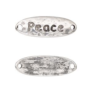 Link, antique silver-finished "pewter" (zinc-based alloy), 29.5x10mm single-sided curved hammered flat oval with "Peace." Sold per pkg of 2.