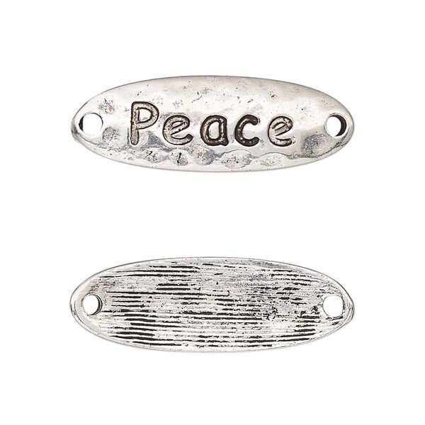 Link, antique silver-finished "pewter" (zinc-based alloy), 29.5x10mm single-sided curved hammered flat oval with "Peace." Sold per pkg of 2. image number 0