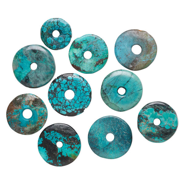 Focal and component, turquoise (dyed / stabilized), blue, 13-36mm donut with matrix, C grade, Mohs hardness 5 to 6. Sold per pkg of 10. image number 0