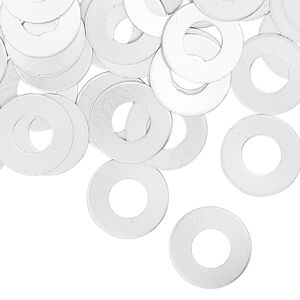Washer, anodized aluminum, silver, 13mm double-sided flat round blank with 6mm hole, 20 gauge. Sold per pkg of 100.