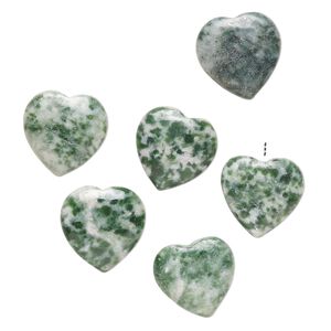 Moss agate 1pkg6, half-drilled puffed heart drop natural 14-16mm