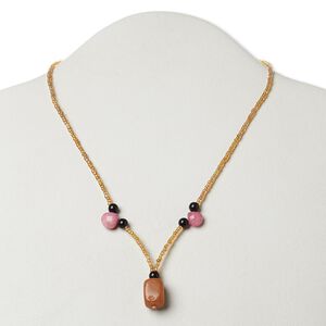 Multi-gemstone / glass / "pewter" (zinc-based alloy) 1pkg1, AB silver-finished / antique gold-finished square tube necklace 17 inch / lobster claw clasp 15x11mm