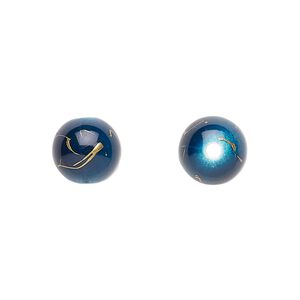 Bead, acrylic, dark blue and gold, 10mm round with swirls. Sold per pkg of 200.