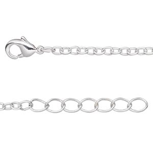 Chain, silver-plated brass, 2.5mm cable, 16 inches with 1-inch extender chain and lobster claw clasp. Sold per pkg of 4.