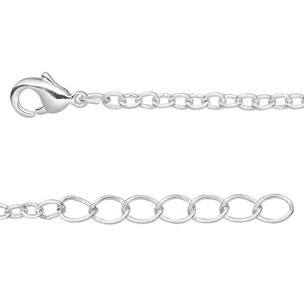 Chain, silver-plated brass, 2.5mm cable, 16 inches with 1-inch extender chain and lobster claw clasp. Sold per pkg of 4. image number 0