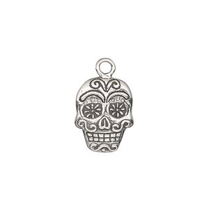 Charm, antiqued sterling silver, 15.5x12.5mm single-sided Dia de los Muertos skull with flower pattern. Sold individually.