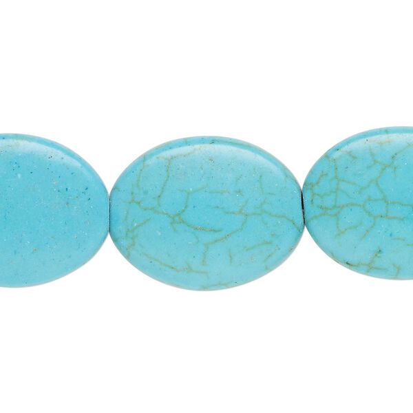 Bead, magnesite (dyed / stabilized), teal, 20x15mm-21x16mm flat oval, B- grade, Mohs hardness 3-1/2 to 4. Sold per 8-inch strand. image number 0