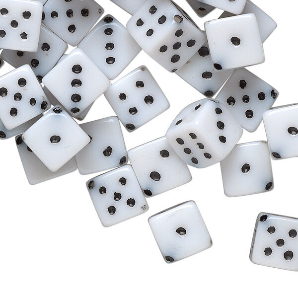 Bead, acrylic, opaque white and black, 7.5mm dice. Sold per pkg of 50. image number 0