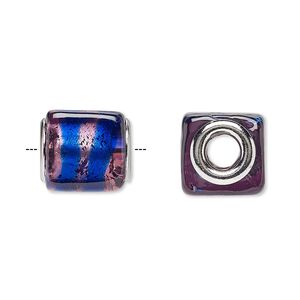 Bead, Dione®, lampworked glass and silver-plated brass grommets, translucent purple and dark blue with silver-colored foil, 14x12mm cube with stripe, 5mm hole. Sold per pkg of 4.