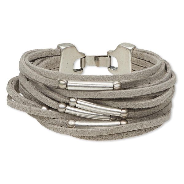 Bracelet, 16-strand, suede (dyed) and antique silver-plated "pewter" (zinc-based alloy), grey, 19mm wide with 5mm round and 20x4mm round tube, 7 inches with hook-and-eye clasp. Sold individually. image number 0