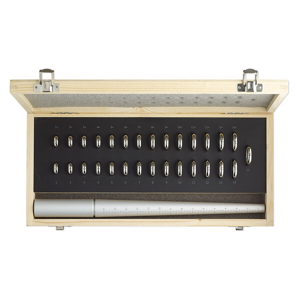 Ring mandrel and sizer, deluxe ring gauge kit, stainless steel / aluminum / stained rubberwood (natural / dyed), 12-3/4 x 1-3/4 inches. Sold per 31-piece set. image number 0